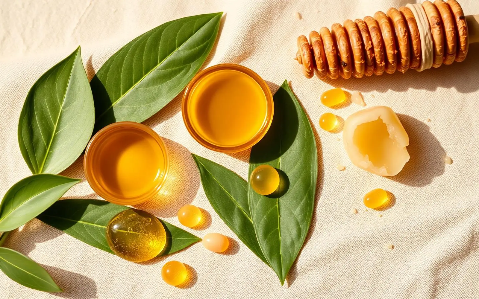 Raw botanical ingredients — jojoba, squalane, vitamin E and beeswax